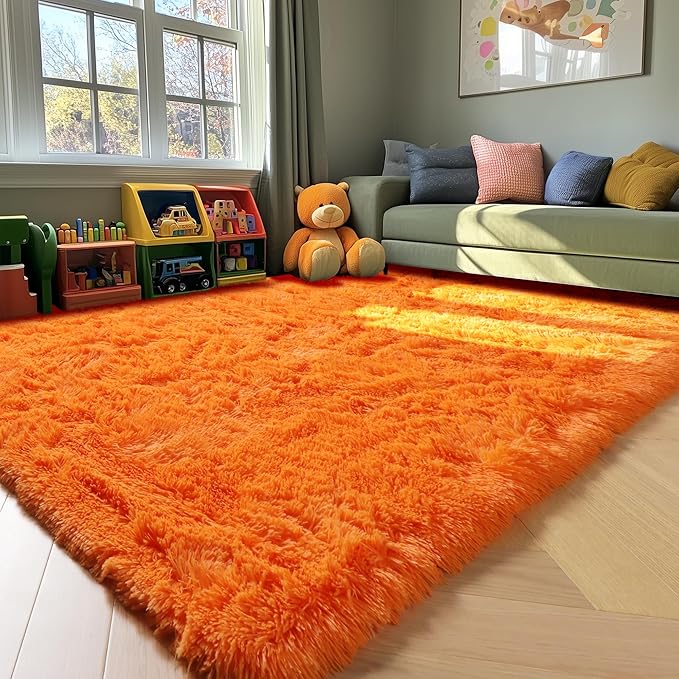 ONASAR Orange Rugs for Living Room Bedroom, 5x8 Washable Fluffy Bedside Area Rug, Soft Plush Shaggy Indoor Floor Carpet for Nursery Kids Girls Boys Teen Dorm Home Office Decor Aesthetic