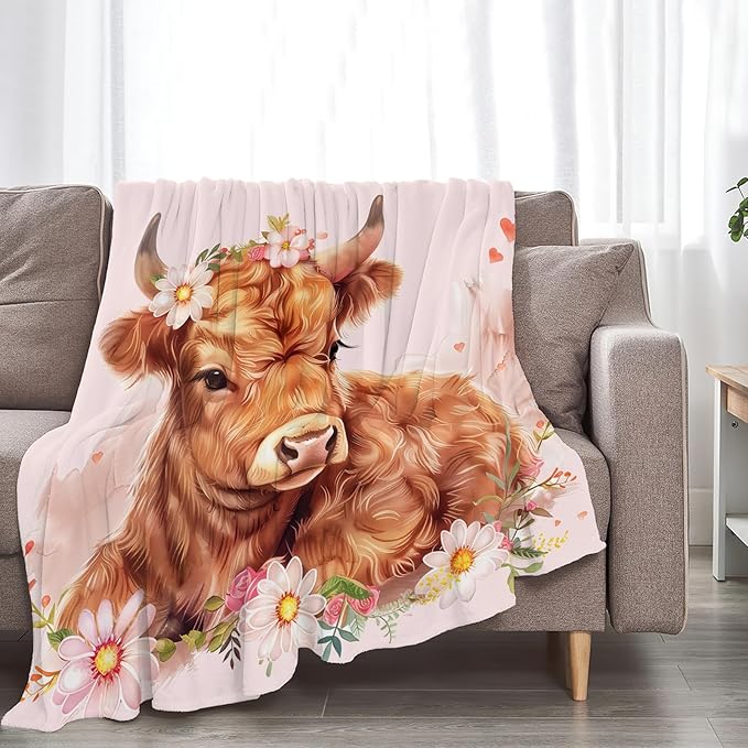 Tijuboni Pink Cow Throw Blanket Highland Cow Gifts for Girls Women Boys Men Kids Adults Soft Flannel Fleece Blanket for Couch Sofa Bed Home Decor 60"x80"