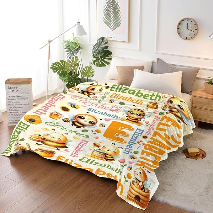 Personalized Custom Honey Bee Preschool Blanket Gifts for Baby Toddler Kids Boys Girls - Customized Honey Bee Super Soft Lightweight Flannel Sheets Decor for Crib Nap Couch - 40"x50" for Kids/Children