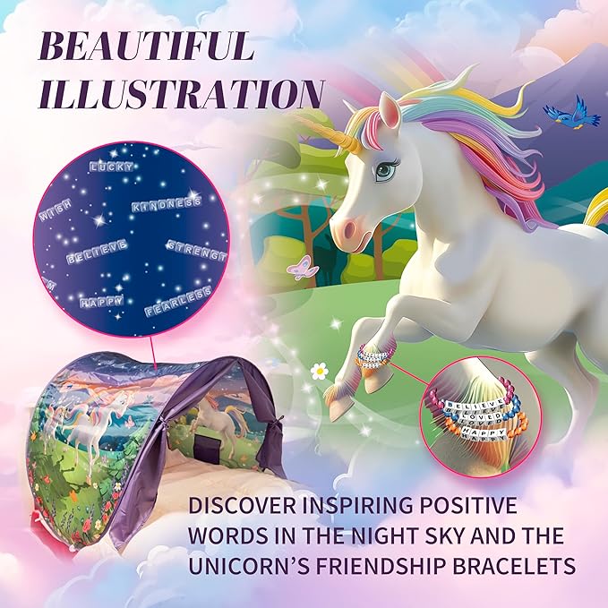 Unicorn Themed Toddlers Canopy Tent for Bed | Magical Glow-in-The-Dark Elements & Friendship Affirmations | Cozy Kids Bed Tent Twin for Bedtime Reading Nook & Imaginative Play