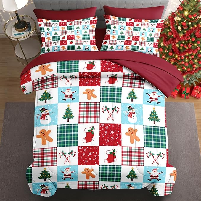 7 Pcs Full Size Christmas Comforter Set with 2 Pillowcases & 2 Shams, Colorful Plaid Snowman Bedding for Kids and Adults, Cute Gingerbread Man Bed in a Bag with Flat Fitted Sheet