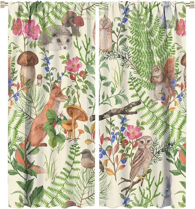 Forest Animal Curtains, Kids Rustic Wild Animal Window Treatments Watercolor Cute Woodland Fox Hedgehog Window Drapes for Nursery Toddler Bedroom 42x63in