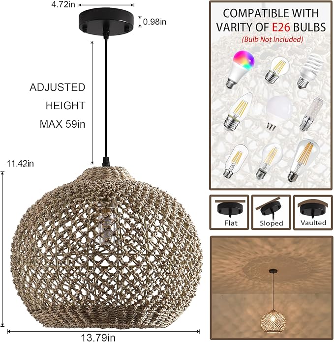 Rattan Pendant Light Fixture,13.77" Hand-Woven Water Plants Rattan Chandelier Boho Wicker Coastal Retro Ceiling Chandelier Lighting, Kitchen Island Farmhouse Dining Room Entryway Foyer1-Light