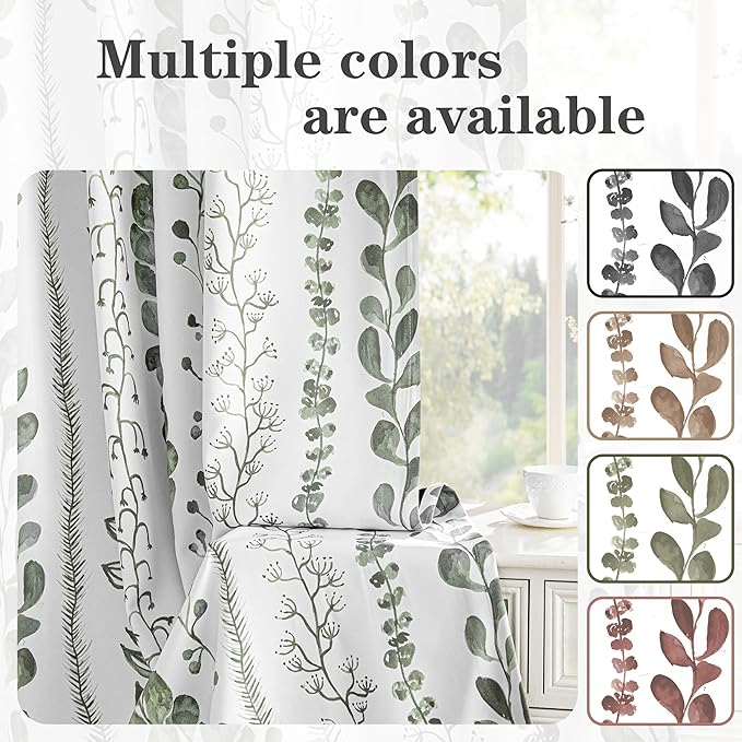 MEETSKY Sage Green Blackout Curtains 63 Inches Long 2 Panels Boho Curtains for Living Room Thermal Insulated Privacy Protection Rod Pocket Drapes for Bedroom, Leaf Print Window Treatment, 50" Wide