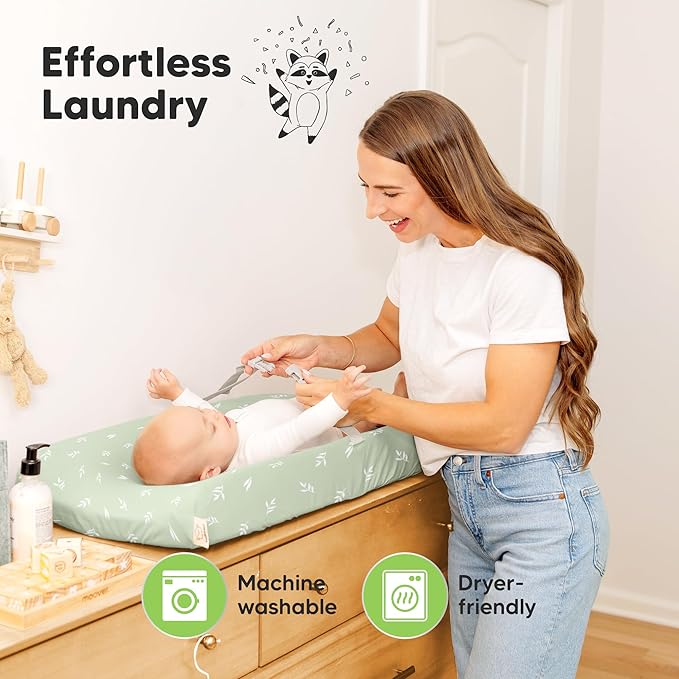 2-Pack Organic Changing Pad Covers for Girl, Boy, Neutral - 100% Cotton Changing Table Pad Cover, Soft Baby Nursery Diaper Changing Pad Sheets, Contour Changing Pads Liners, Change Pad Cover (Herb)