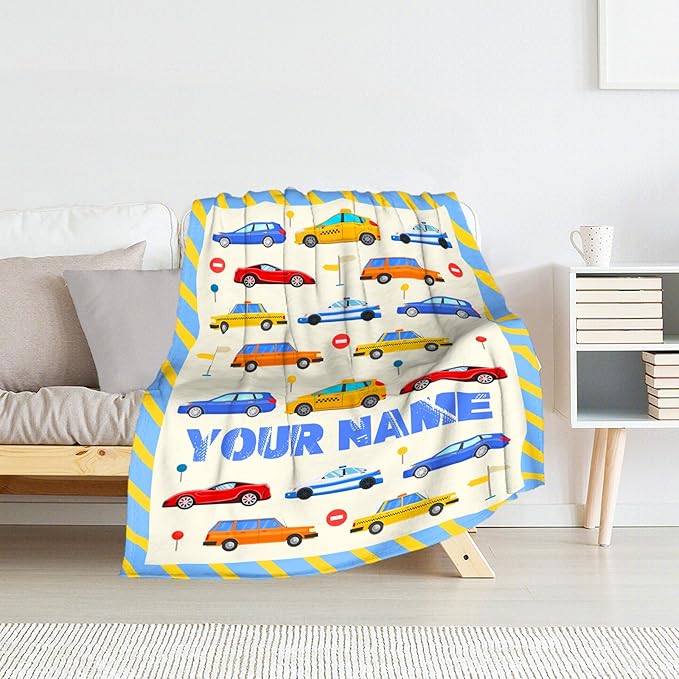 Personalized Car Blanket for Car Lovers - 50" x 60" Inches Blue Warm Furry Throw Blanket Gift - Cartoon Throw for Sofa, Work, Living Room