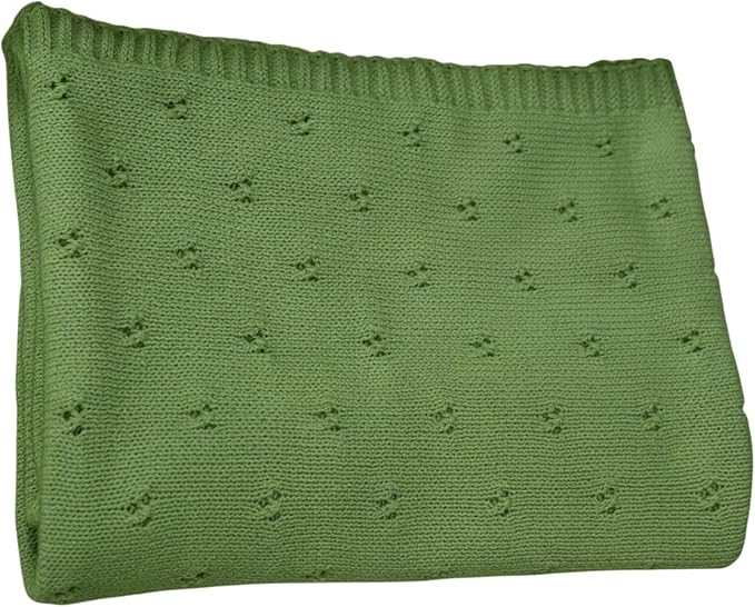 Baby Knit Blanket, 100% Cotton Eyelet Patterns, Soft, Cozy, Lightweight Swaddle for Newborn & Infant Swaddling Beige Neutral, Perfect Baby Shower Ideas Green 30x30