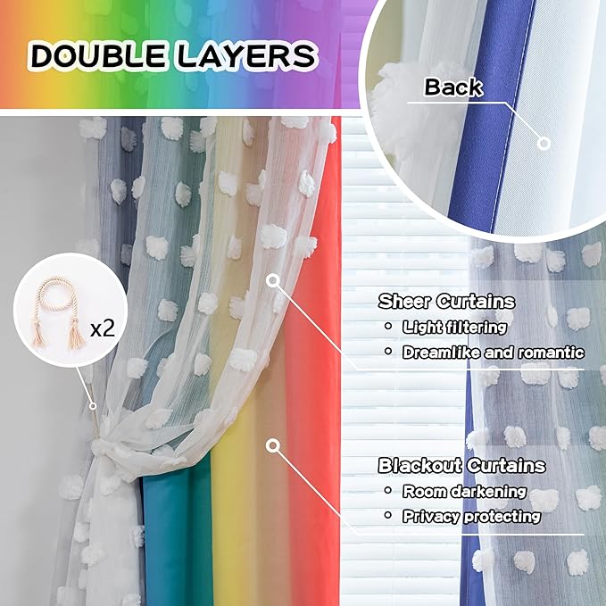 MYSKY HOME Rainbow Curtains for Boys Bedroom Kids Curtains Pom Pom White Sheer Window Curtains Double Layer Solid Nursery Curtains 84 Inches Length Room Darkening Grommet 2 Panels, W52 X L84