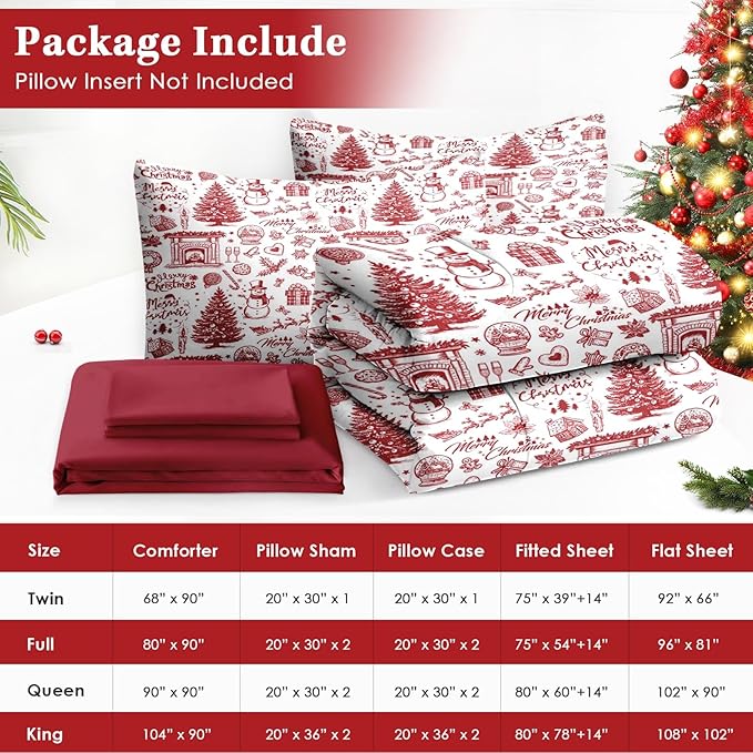 7 Pcs King Size Christmas Comforter Set with 2 Pillowcases & 2 Shams, Happy Xmas Red Pine Tree Bedding for Kids and Adults, Merry Winter Bed in a Bag with Flat Fitted Sheet
