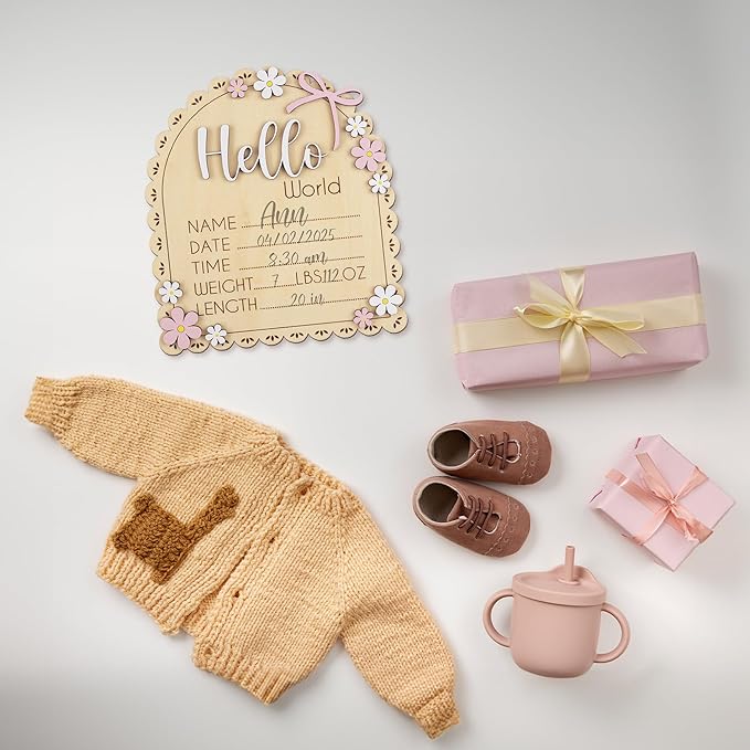 Baby Announcement Sign with Stand & Marker – Hello World Wooden Name Plaque for Newborn Photoshoot, Baby Shower, Rustic Keepsake Birth Stat Sign for Hospital Birth Announcement (Daisy)