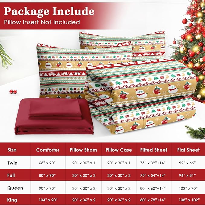 7 Pcs Full Size Christmas Comforter Set with 2 Pillowcases & 2 Shams, Cute Snowman Bedding for Kids and Adults, Snowflake Xmas Socks Bed in a Bag with Flat Fitted Sheet