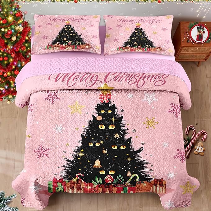 Christmas Full/Queen Size Quilt Set, Black Cat Xmas Trees Lightweight Bedspread Coverlet with Pillow Shams for Kids and Adults, Pink Snowflakes 3 Pcs Bedding Bed Cover