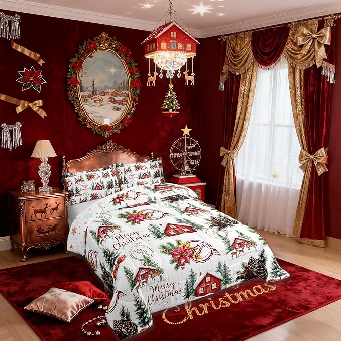 Merry Christmas Kids Comforter Set Twin Size,Poinsettia Winter Xmas Pine Tree Bedding Set Room Decor,Snowflake Rustic Farmhouse Quilt Comforter,Red Green White Duvet Set Bedroom Quilt Set,1 Pillowcase
