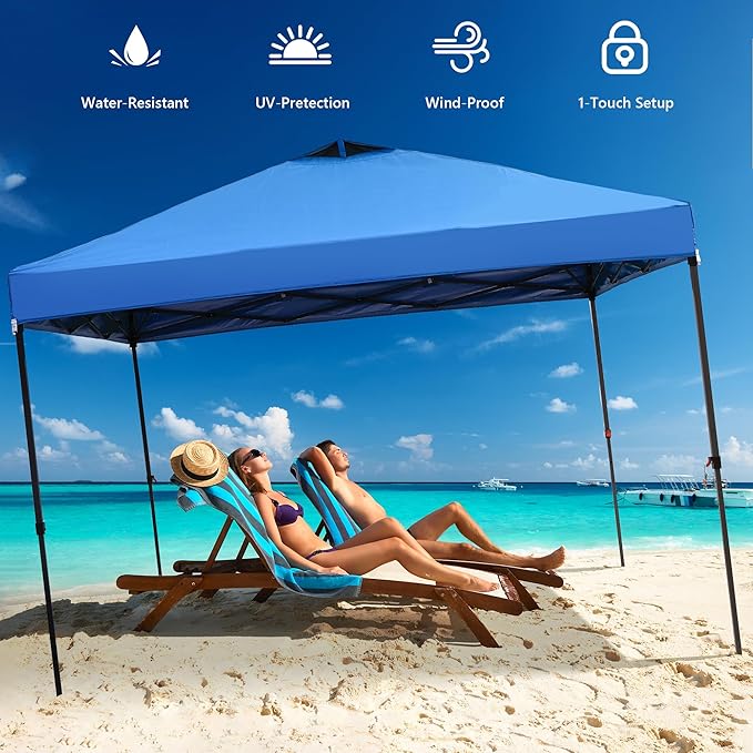 GDY 10x10 Pop Up Canopy Tent with 4 Sidewalls, Easy Set up with One Push Lift Outdoor Silver Coated Beach Gazebos, Carpas with 4 Sandbags, for Pool, Events, Parties, and Camping, Blue.