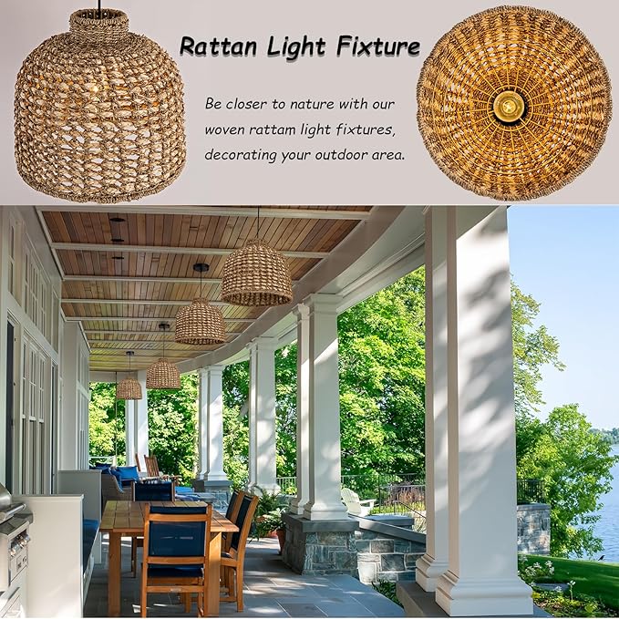13.8in Rattan Lighting Wvoen Wicker Dome Pendant Lighting Rustic Chandelier for Kitchen Island, Coastal Ceiling Rattan Pendant Lights Ceiling for Living Room Dining Room Foyer Restaurant
