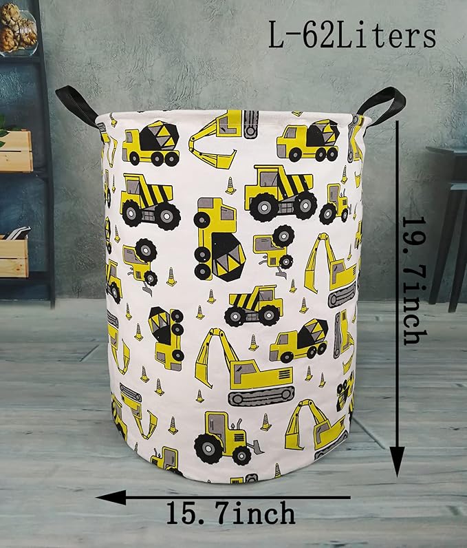 KUNRO Round Laundry Gift Basket Storage Hamper, Kids Toys and Clothes Storage Organizer Bins, Toy Shelf Basket with Handles for Room Decor (Excavator)