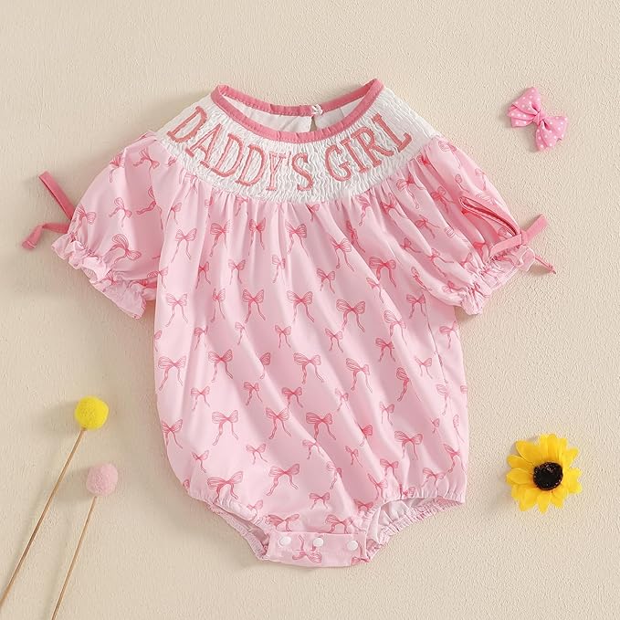 Newborn Baby Girl Romper Mamas Mini Bow Plaid Print Puff Sleeve Smocked Bubble Romper Jumpsuit Bodysuit Clothes