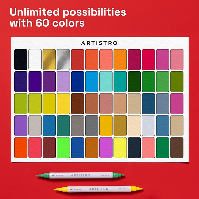 ARTISTRO 60 Acrylic Paint Markers - Paint Pens Dual Tip Brush + Fine Ideal for Calligraphy - Perfect for Fabric, Rock, Glass, Wood, DIY - Art Supplies, Stocking Stuffers, Christmas Gift Idea