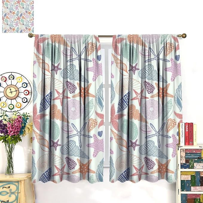 Coastal Nautical Curtains,Colorful Starfish Seashell Beach Sea Starfish Seashell Theme Pattern Blackout Print Home Bedroom Living Room Window Treatmen 2 Panel Set 42x45 Inch