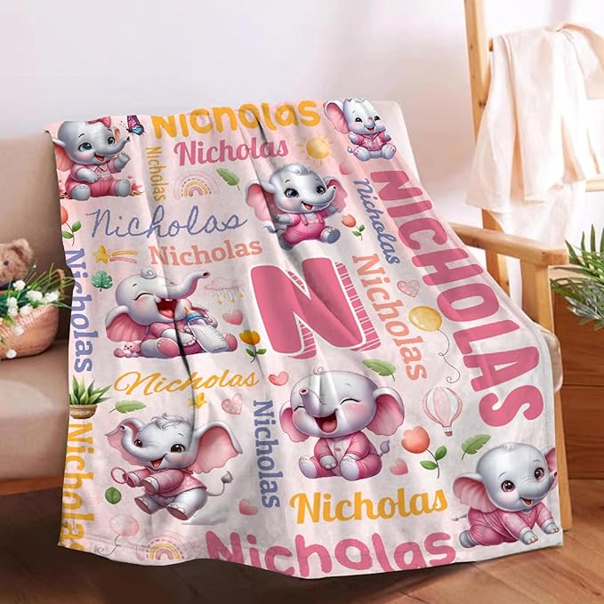 Personalized Custom Pink Elephant Blanket Gifts for Kids Boys Girls with Name - Customized Pink Elephant Super Soft Lightweight Flannel Sheets Decor for Crib Nap Couch - 50"x60" for Teens