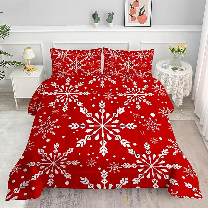 Comforter Set Christmas Snowflake: Twin Size Xmas White Snowflakes Red Bedding Sets for Kids Teen Girls Winter Snow Festival Bedroom Decor Bed Set 1 Comforter & 1 Pillowcase