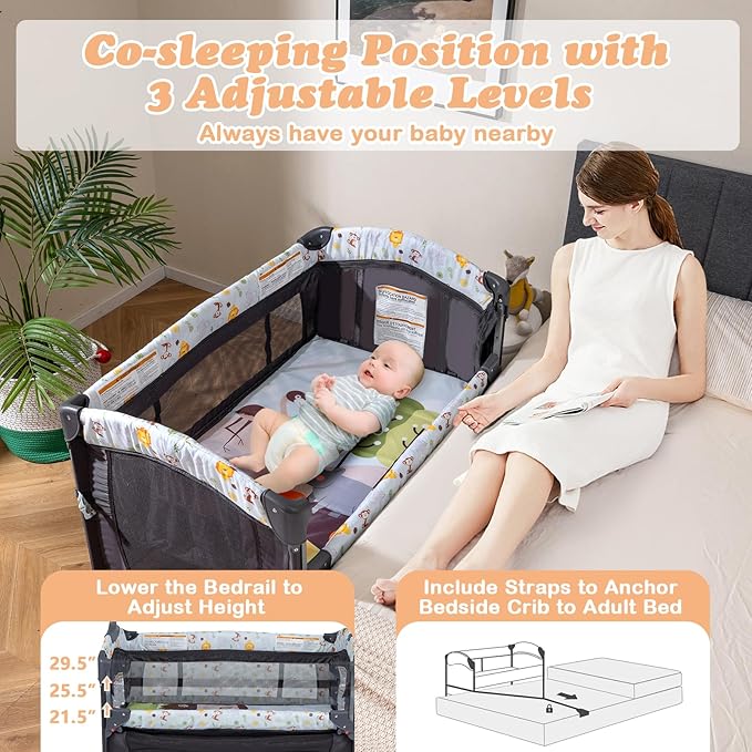 BABY JOY 4 in 1 Pack and Play, Baby Bedside Sleeper with Bassinet, 3 Adjustable Heights, Music Box, Easy to Install, Foldable Bedside Crib w/Changing Table, Playards from Newborn to Toddlers
