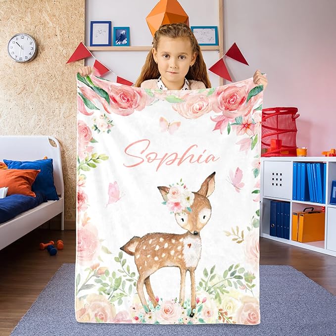 Custom Deer Blanket with Name for Girl, Personalized Name Blanket for Kids, Soft Flannel Deer Toddler Blanket Customized Gift for Birthday Christmas Children Day 40x50inch