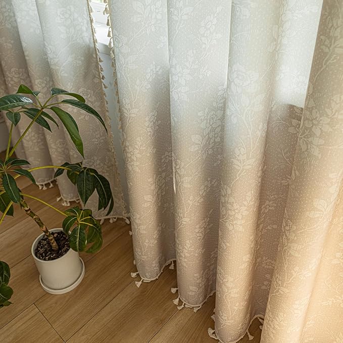 ENJOYBRIDAL Floral Curtains 84 Inches Long 2 Panels Light Camel Rustic Drapes Rod Pocket Bedroom Living Room Semi Sheer Window Curtain Panels Floor Length Farmhouse Boho Chic Cute Window Treatments