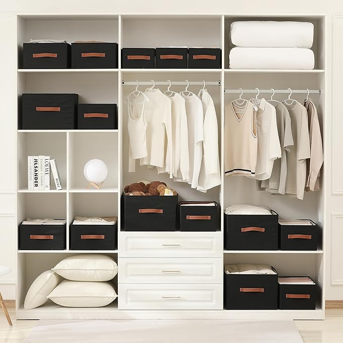 linen closet organizers and storage, 3 Pack Large Storage Baskets, Washable, Clothing Storage Bins with Handle, Closet Organizer for Storage Sweater,Sheets (Black, 18½"x11"x8½")