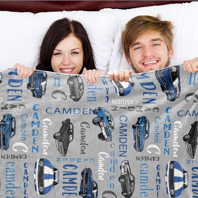 Custom Car Blanket With Name for Boys, Personalized for Kids, Soft Flannel Toddler Customized Gift for Birthday Christmas Baby Shower Children Day 40x50in