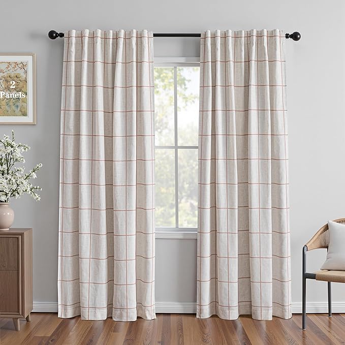 MYSKY HOME 100% Blackout Plaid Farmhouse Linen Curtains 84 Inch Long 2 Panels Set for Living Room Double Layer Checkered Drapes Thermal Insulated Privacy Protection Rod Pocket Back Tab, 52" W, Tan