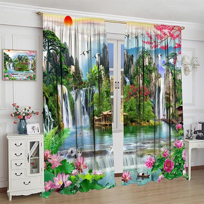 Waterfall Blackout Curtains, Forest Waterfall Rocky Lotus Fish Landscapes Print Window Drapes, for Living Room Bedroom 63" W X 72" L
