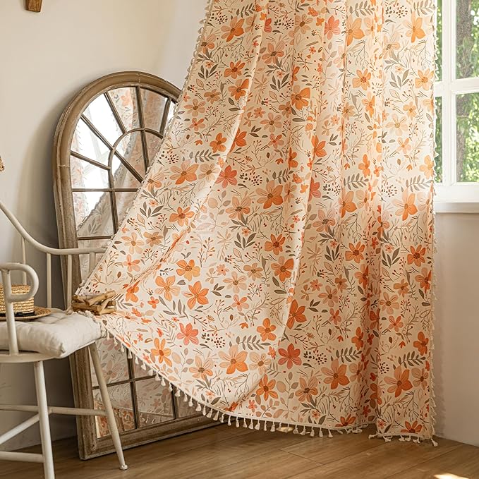ENJOYBRIDAL Floral 63 Inch Curtains for Bedroom Living Room Drapes 2 Panel Sets Semi Sheer Farmhouse Short Window Curtain Panels Cute Patterned Boho Rod Pocket Cottagecore Window Treatments