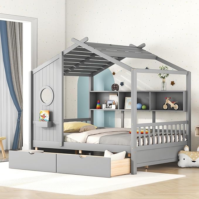 Merax Wood Full Multifunctional Montessori Daybed with Drawers/Storge Shelves, Low House Bed for Kids Boys Girls,Easy Assemble, Gray