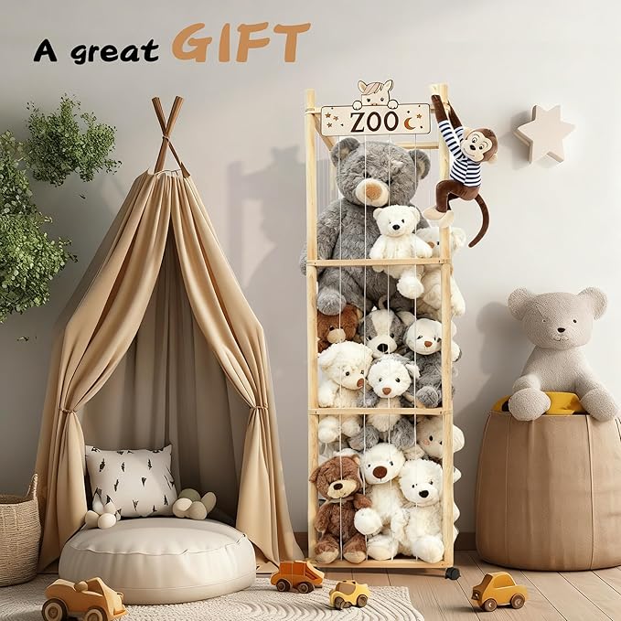 Wooden Stuffed Animal Storage Zoo Organizer - Large Capacity Plushies Holder with Elastic Cords for Stuffed Animals Storage in Playroom, Bedroom and Nursery