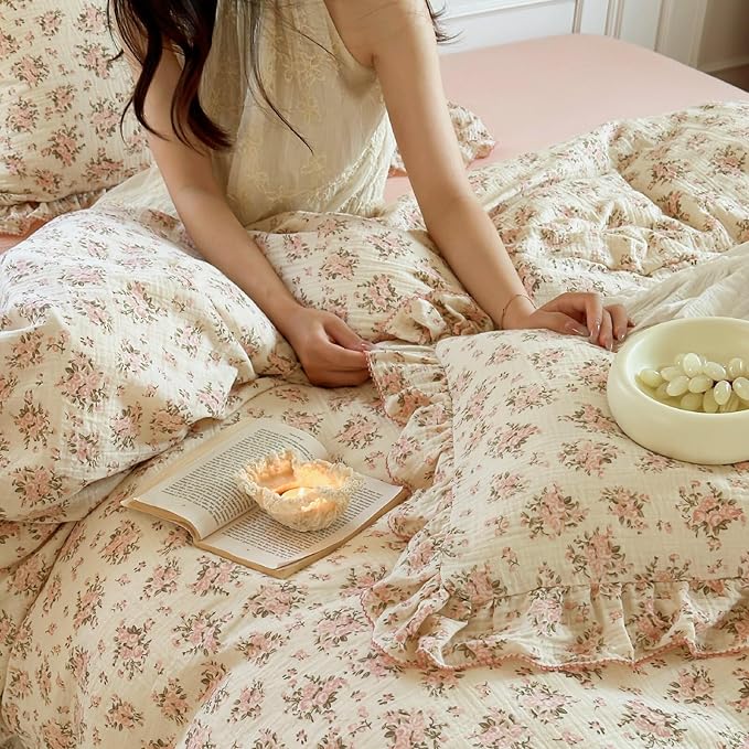BuLuTu Muslin Duvet Cover Full for Kids Adults Elegant Pink Floral Duvet Covers with Ruffles Soft Breathable Comforter Cover Quilted Cover for Women Girls, 79"x90", No Pillow Cases