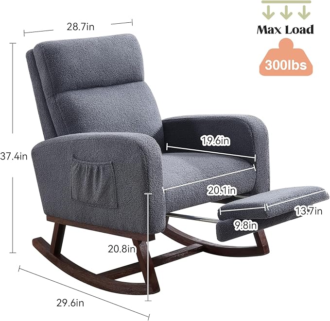 Rocking Chair Nursery with Foot Rest, Teddy Nursing Rocking Chairs for Mom Breastfeeding, Rocker Glider Chair with High Backrest for Living Room, Bedroom, Blue Grey