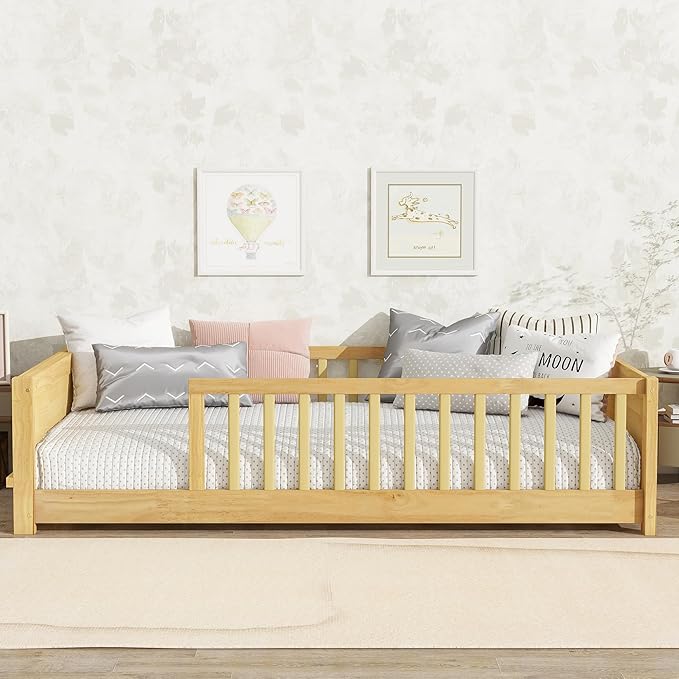 Twin Size Kids Montessori Floor Bed,Twin Floor Bed Frame with Slats and Bookcase,Solid Wood Montessori Bed for Girls Boys,Natural