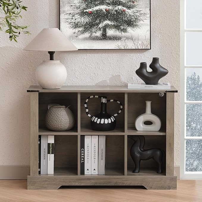 6 Cube Storage Organizer, Wood Cube Bookshelf with LED Lights, Horizontal Storage Cubes, Kids Bookshelf, Display Cabinet Cubby Shelf for Living Room Home Office Bedroom, Grey