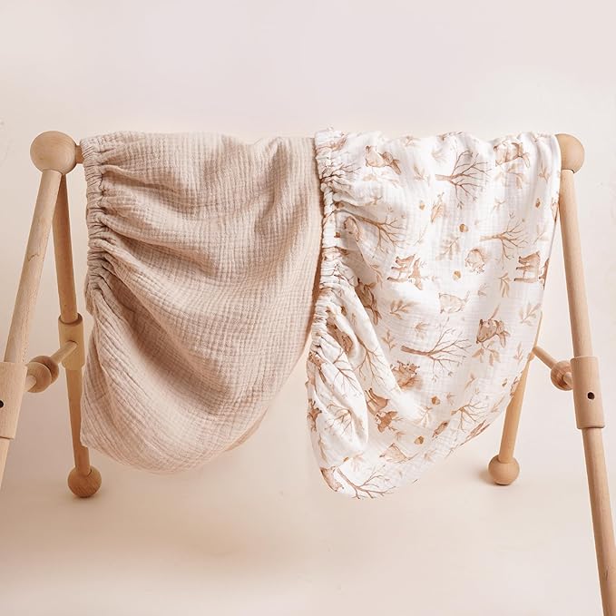Konssy 2 Pack Muslin Changing Pad Covers for Boys, Ultra Soft & Breathable Cotton Baby Diaper Changing Table Covers, Neutral Nursery Diaper Changing Pad Sheets (Fall Forest,Wheat)