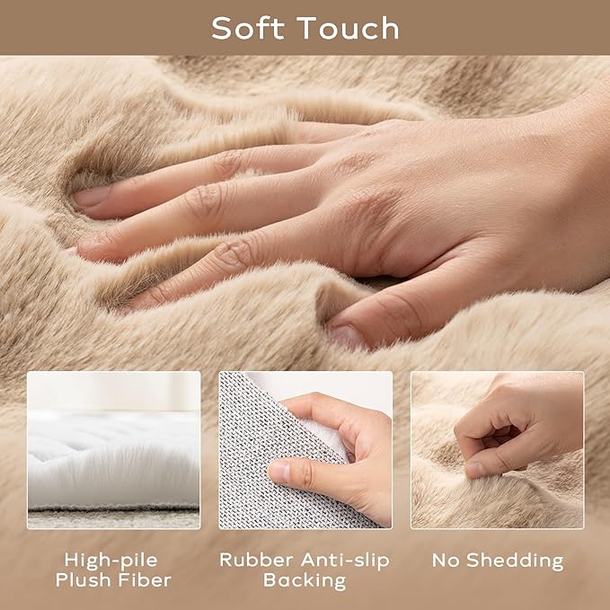 Ashler Faux Rabbit Fur Rug - Beige 5x7 FT Fluffy Soft Area Carpet, Rectangle Fuzzy for Living Room, Bedroom, Machine Washable Shaggy Nursery - 3D Bubble