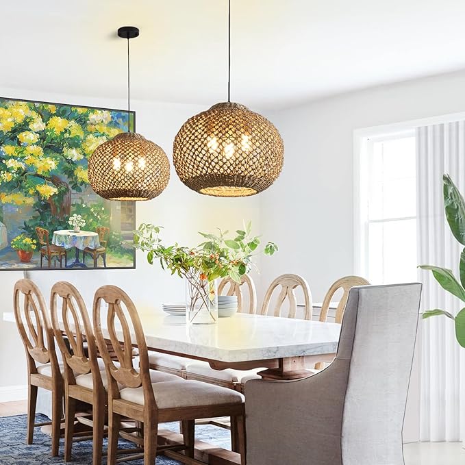 17" Woven Rattan Ceiling Pendant Light Fixture 3-Light Boho Coastal Brown Wicker Hanging Lighting of Kitchen Island Farmhouse Dining Room Entryway Foyer