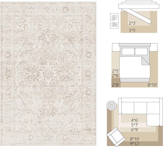 FMFUNCTEX 2x8 Runner Rug Beige Washable Vintage Neutral Distressed Oriental Non Slip Low Pile Indoor Carpet Retro Hallway Entryway Rug for Kitchen Living Room Bedroom Bathroom Laundry Entry Bedside