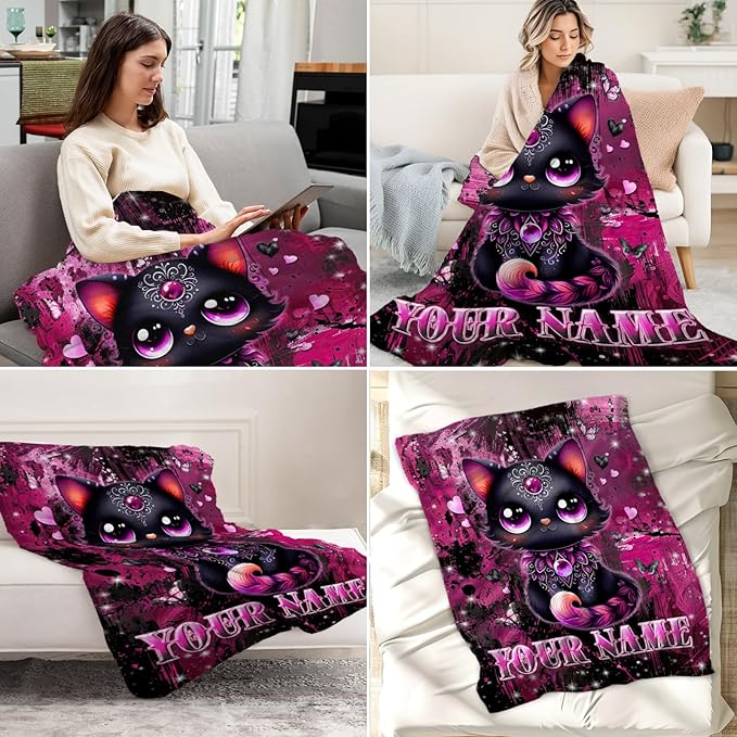 Personalized Cat Blanket for Women - 60" x 80" Cat Lover Gifts for Girls, Adults - Soft Plush Gothic Black Throw Stuff for Home, Sofa