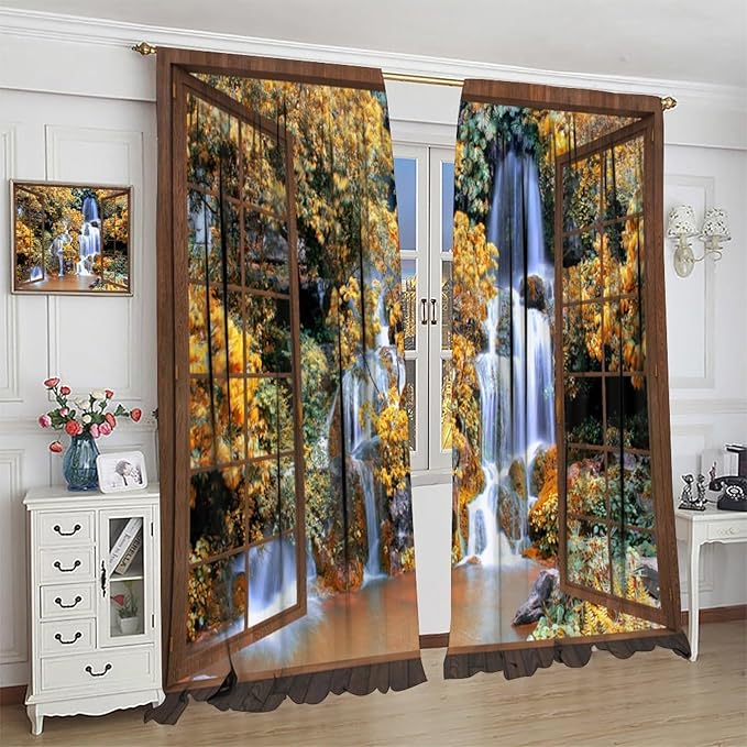 Waterfall Blackout Curtains, Waterfall Forest Landscape Wooden Window Print Pattern Window Drapes, for Bedroom Living Room 42" W X 54" L
