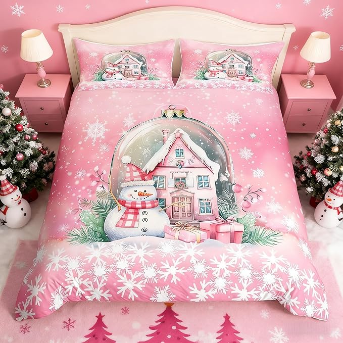 Manfei Christmas Duvet Cover Set King Size, Pink Castle and Snowman Print Bedding Set 3pcs for Kids Girls Teens Bedroom Decor, New Year Snowflake Print Comforter Cover with 2 Pillowcases,No Comforter