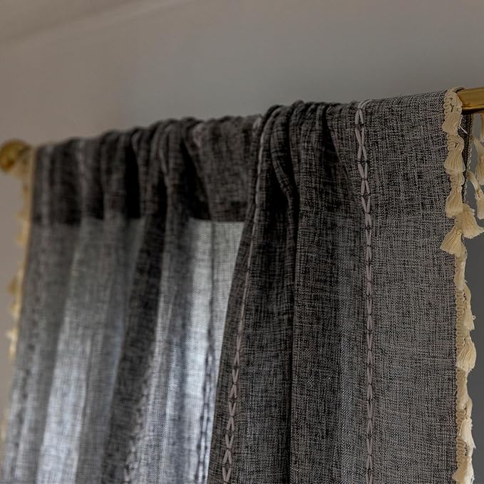 Deeprove Dark Coal Grey Boho Curtains 72 inches Length, Vintage Bohemian Embroidery Farmhouse Cotton Linen Fringe Window Treatments Nursery Bedroom Living Room Dinging Room Decor, W52 x L72, 1 Panel