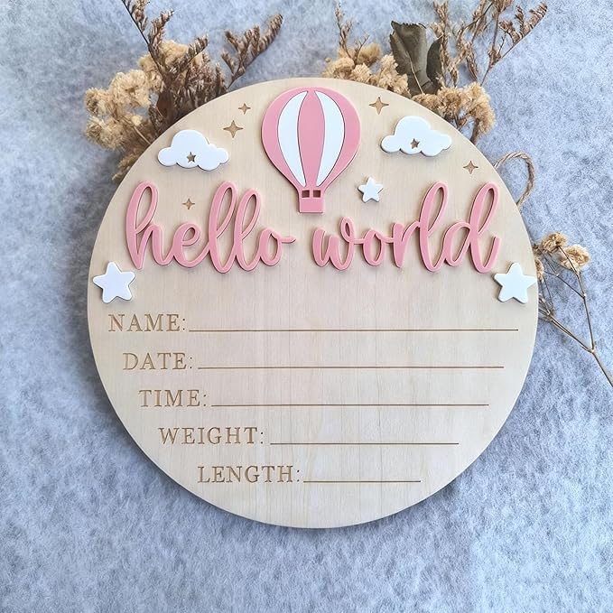 Wood Baby Birth Keepsakes Plaques Hello Worlds Welcome Sign Customizable Nursery Wall Decors for Newborns