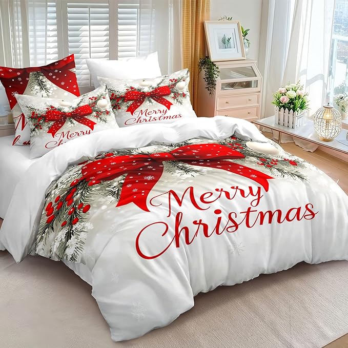 Christmas Duvet Cover Twin Size Merry Christmas Bedding Set Kids Boys Girls Red Bow Pattern Comforter Cover 2 Pcs with Zipper Closure (No Comforter)