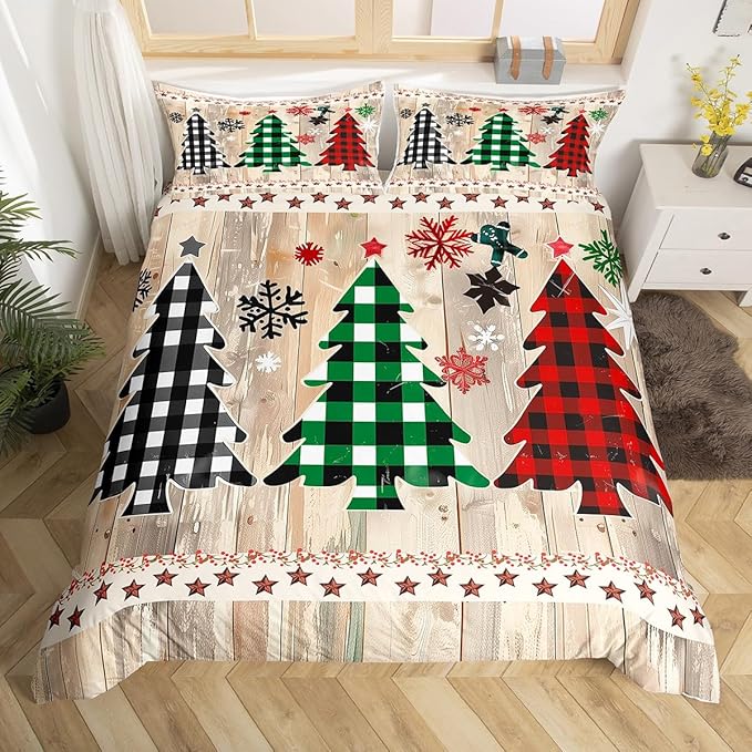 Manfei Xmas Plaid Trees Duvet Cover Set Full Size, Western Texas Star Bedding Set 3pcs for Kids Boys Girls, Christmas Theme Comforter Cover Wooden Plank Quilt Cover with 2 Pillowcases,No Comforter